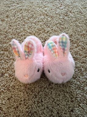 Pink Bunny Plush Slippers with Pastel Check Ears